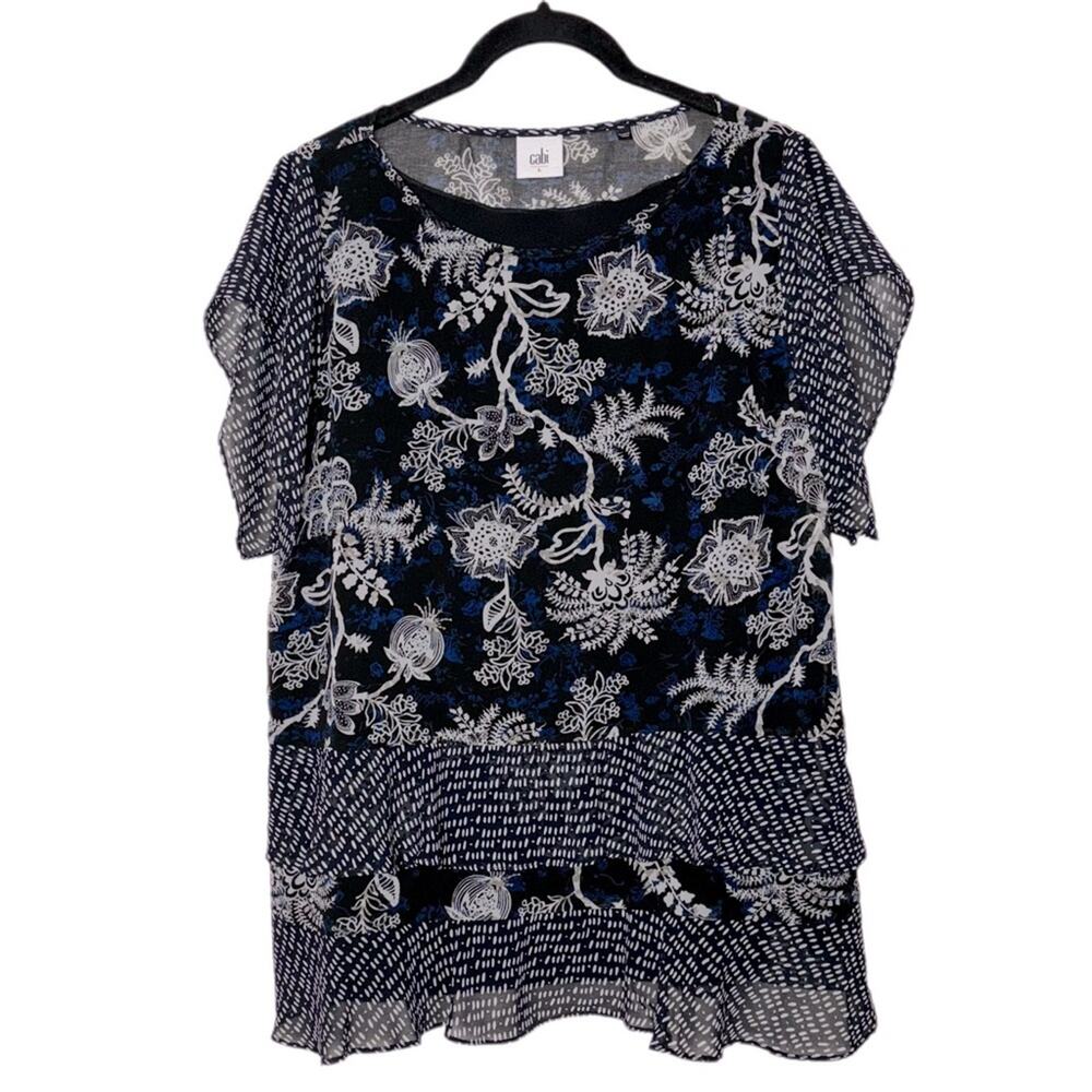 Cabi Hybrid Floral Flutter Sleeve Tiered Blouse women's Large Navy blue/white